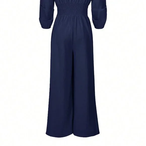 Navy Blue Elegant Women's Solid Color Lantern Sleeve Jumpsuit - Picture 4 of 9